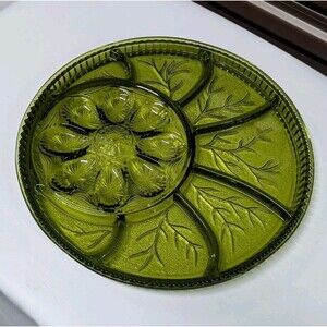 Vintage MCM Indiana Glass Tree of Life Green Deviled Egg & Relish Platter 13”